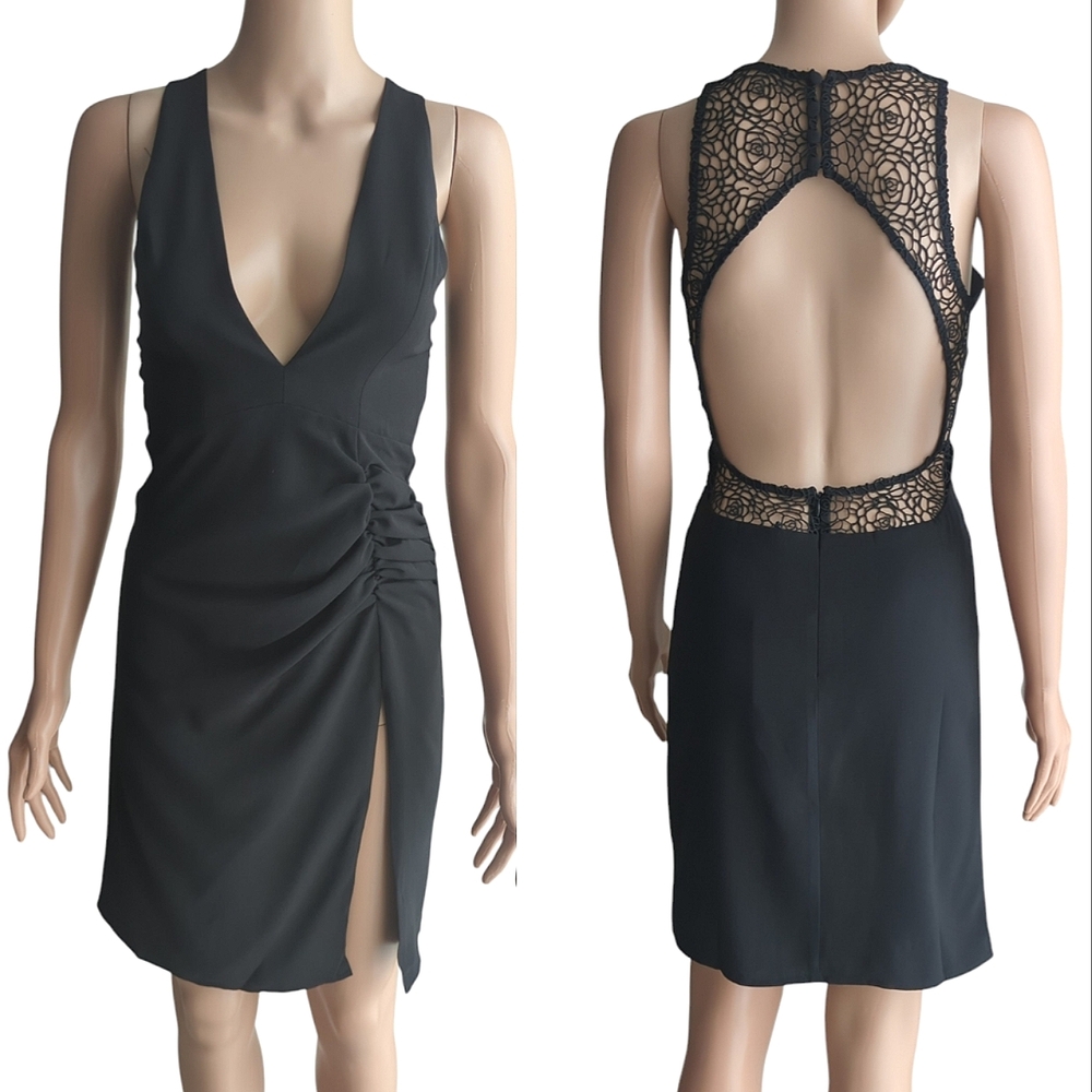 Revolve NBD lace plunging V neck scrunch open back mini dress